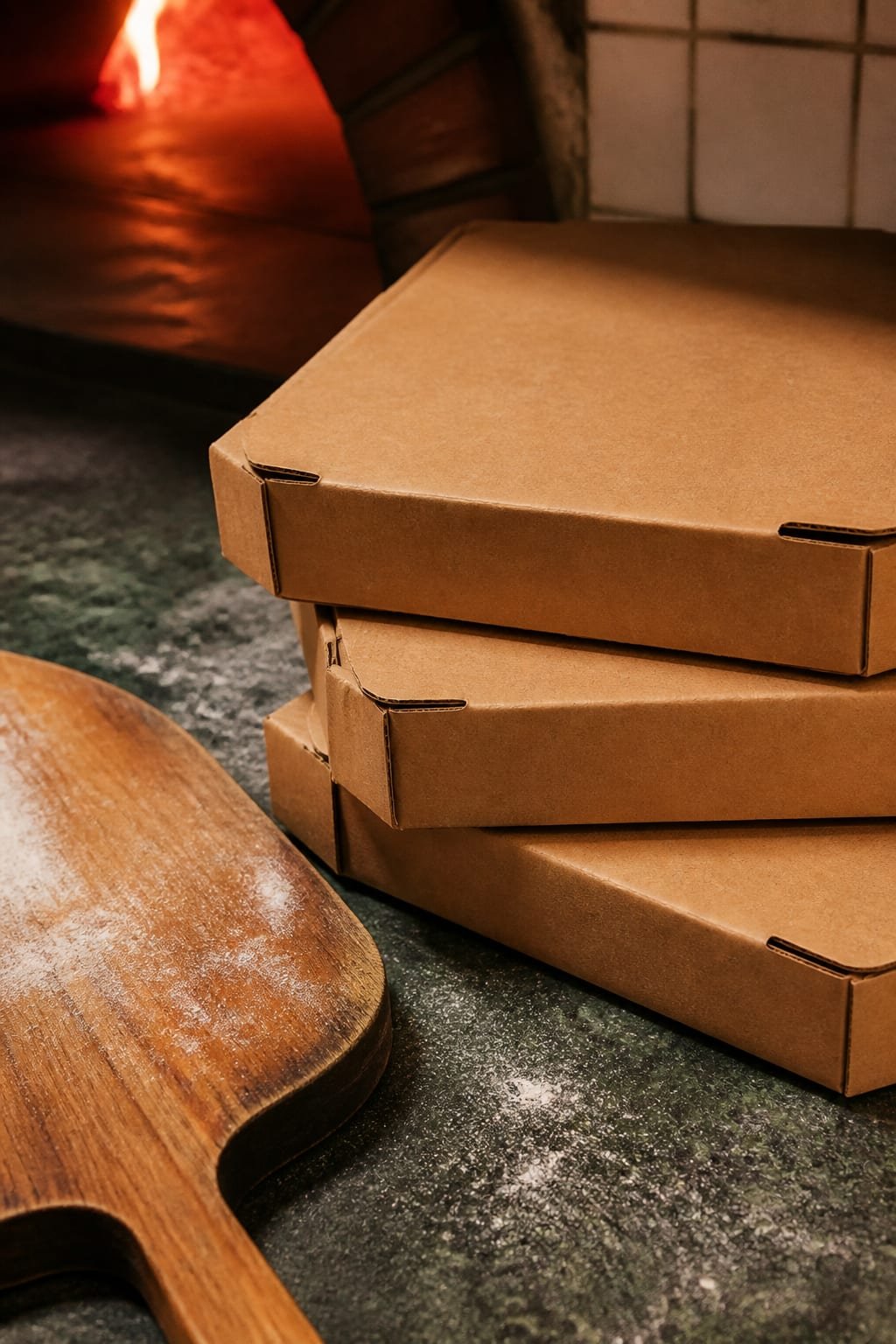 Ricostruzione dimostrativa di scatole da pizza accanto a una pala infarinata